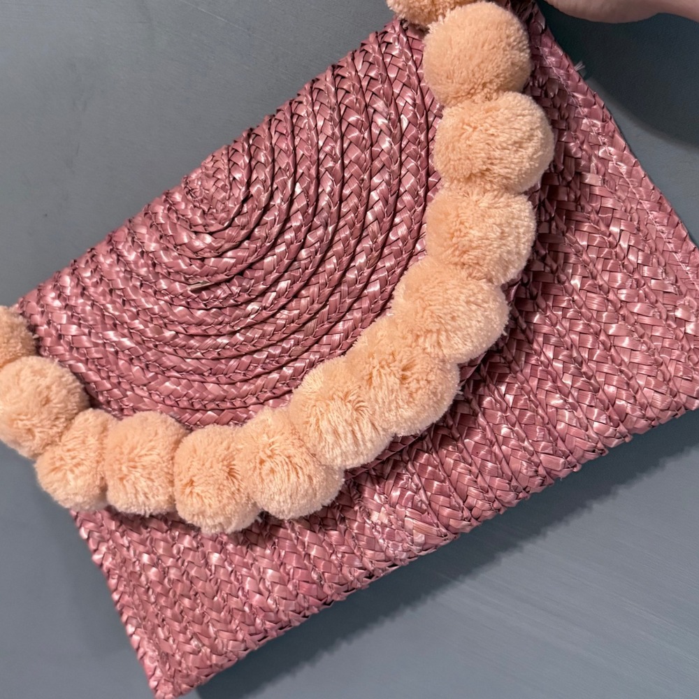 Pink Pom Pom Clutch Woven Boho Bag